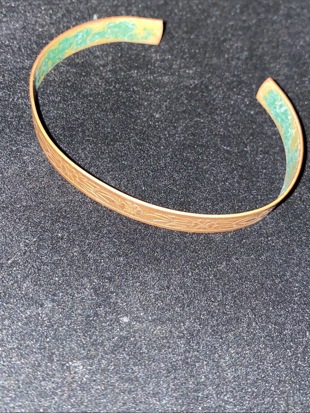 Engraved Copper Cuff Bracelet with Verdigris Interior